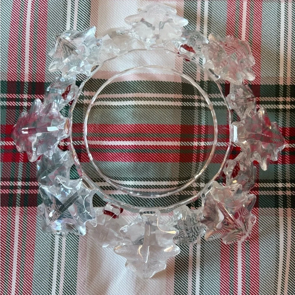 Vintage Crystal Partylite Candle Holder-Clear Poinsettia Leaves with Red Berries - Picture 4 of 6